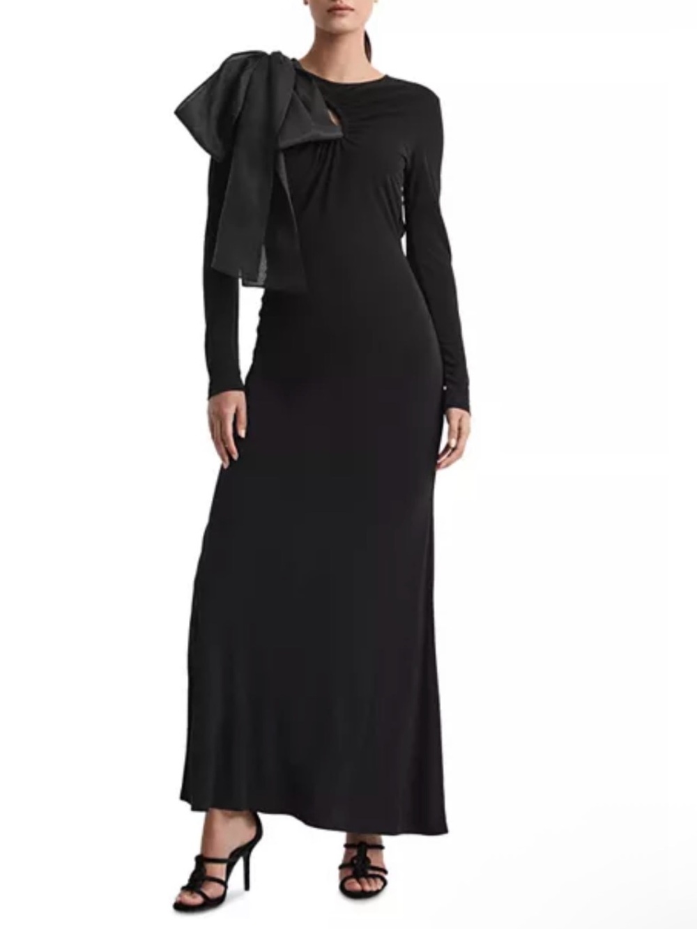 Reiss Black Long-Sleeve Maxi Dress with Shoulder Bow